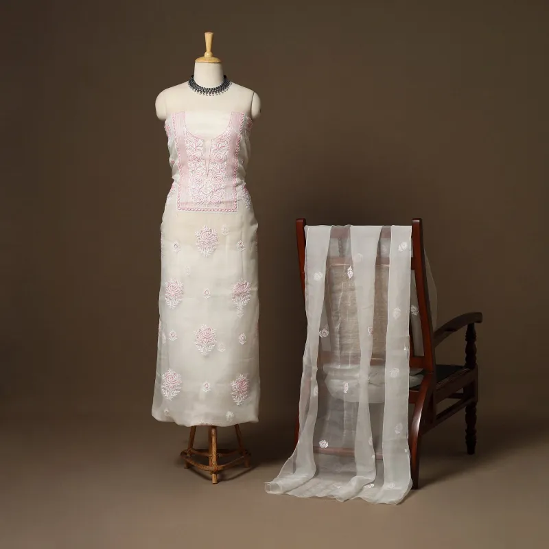 White - 2pc Organza Silk Unstitched Hand Beads Work Heavy Chikankari Dress Material 33 sold by Itokri