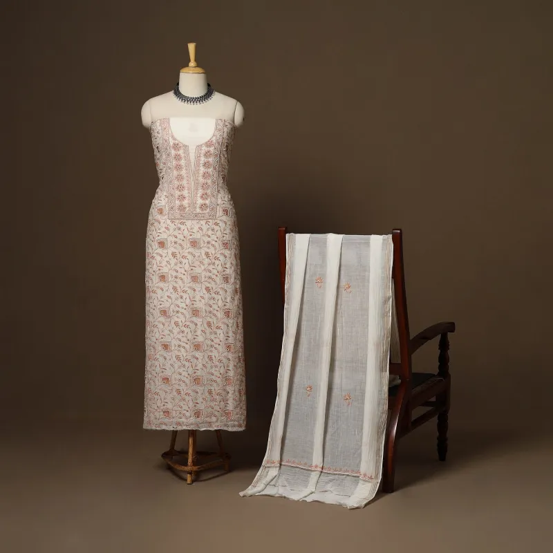 Beige - 2pc Mul Chanderi Unstitched Hand Beads Work Heavy Chikankari Dress Material 11 sold by Itokri