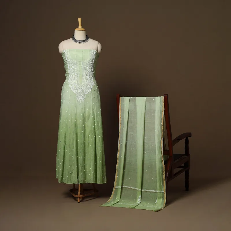 Green - 2pc Mul Chanderi Semi Stitched Hand Beads Work Anarkali Heavy Chikankari Kurta Set 09 sold by Itokri