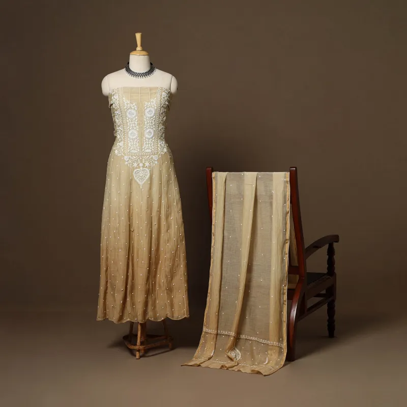 Beige - 2pc Mul Chanderi Semi Stitched Hand Beads Work Anarkali Heavy Chikankari Kurta Set 08 made by Itokri