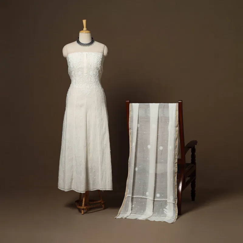 White - 2pc Mul Chanderi Semi Stitched Hand Beads Work Anarkali Heavy Chikankari Kurta Set 07 sold by Itokri