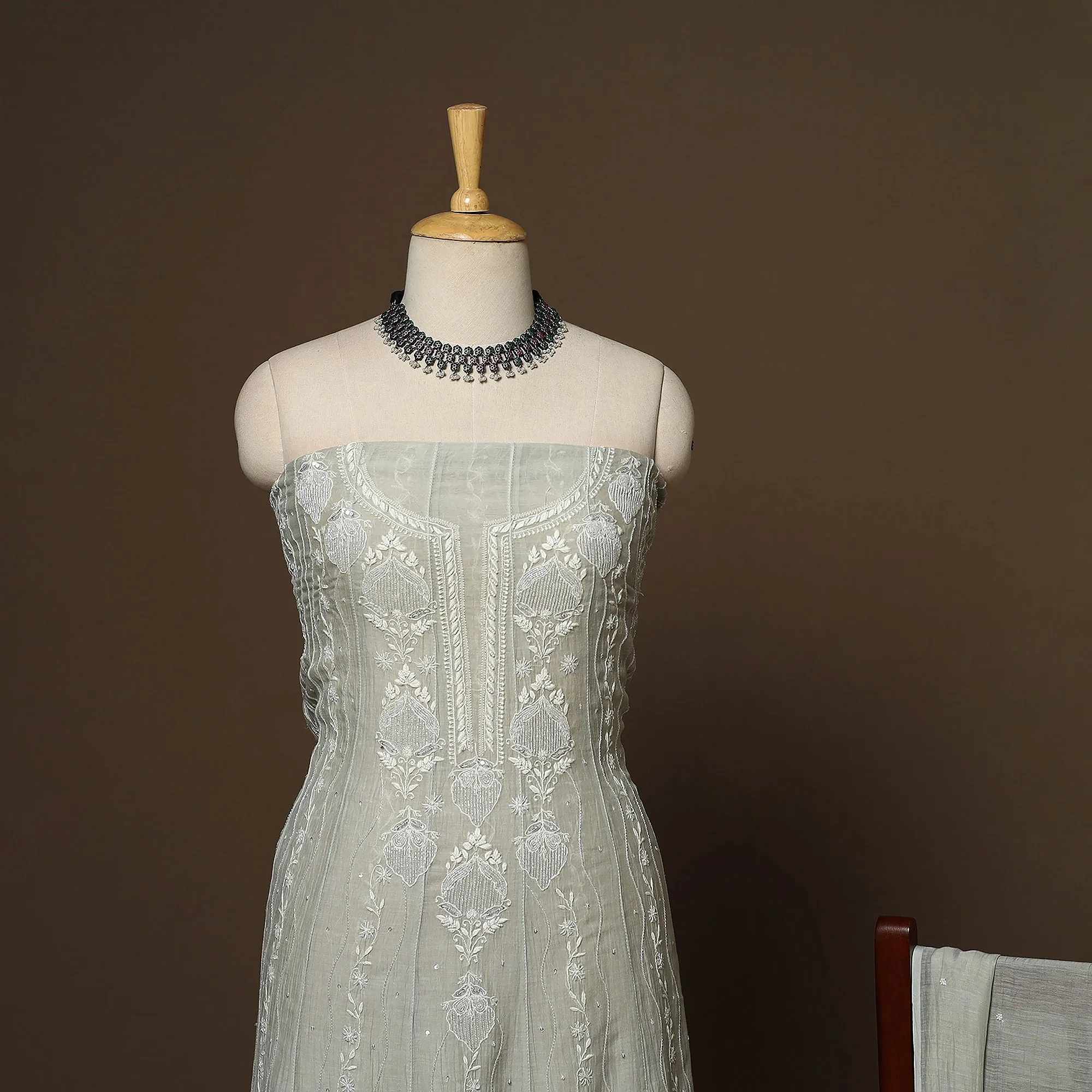 Green - 2pc Mul Chanderi Semi Stitched Hand Beads Work Anarkali Heavy Chikankari Kurta Set 05 sold by Itokri product image thumbnail 2