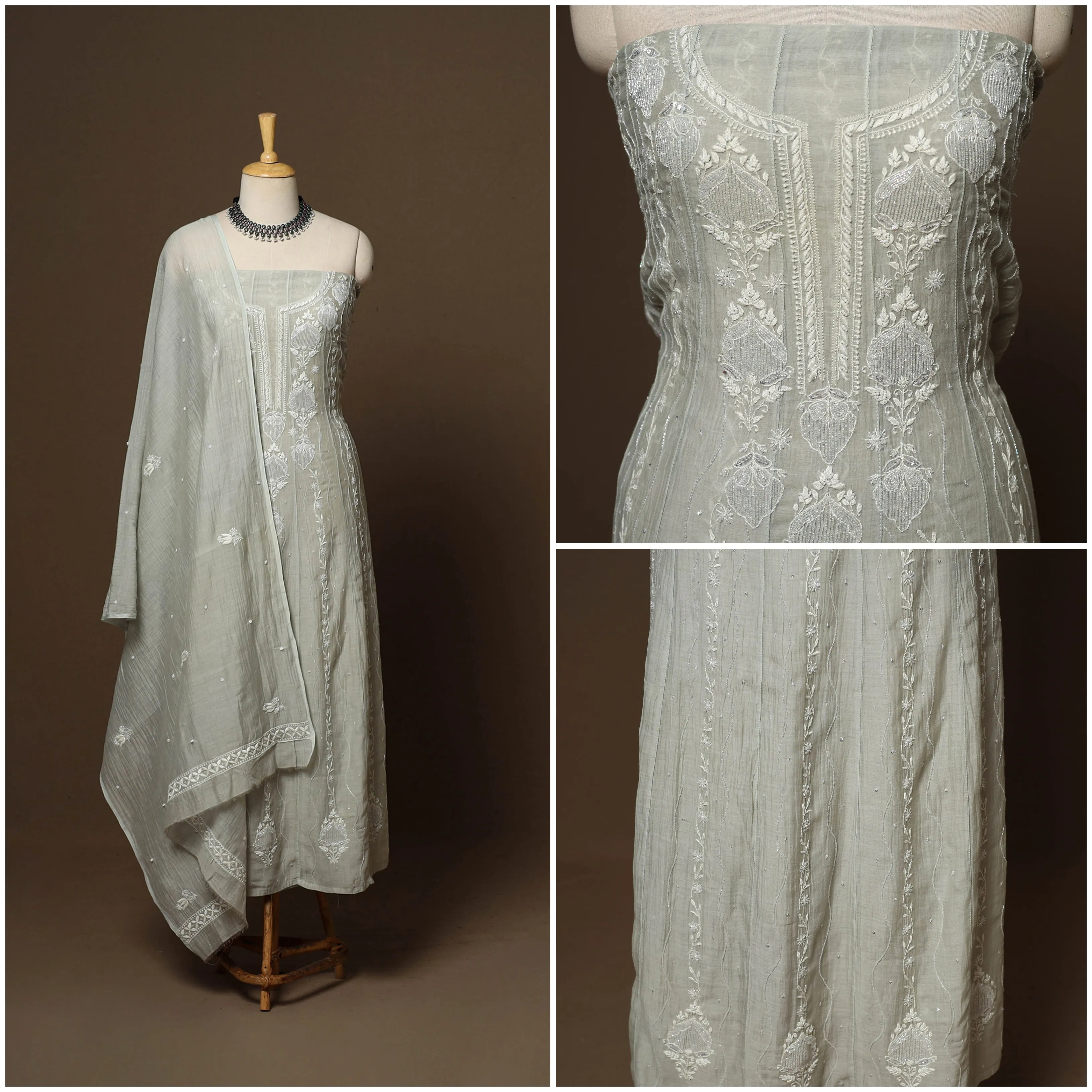 Green - 2pc Mul Chanderi Semi Stitched Hand Beads Work Anarkali Heavy Chikankari Kurta Set 05 sold by Itokri product image thumbnail 3