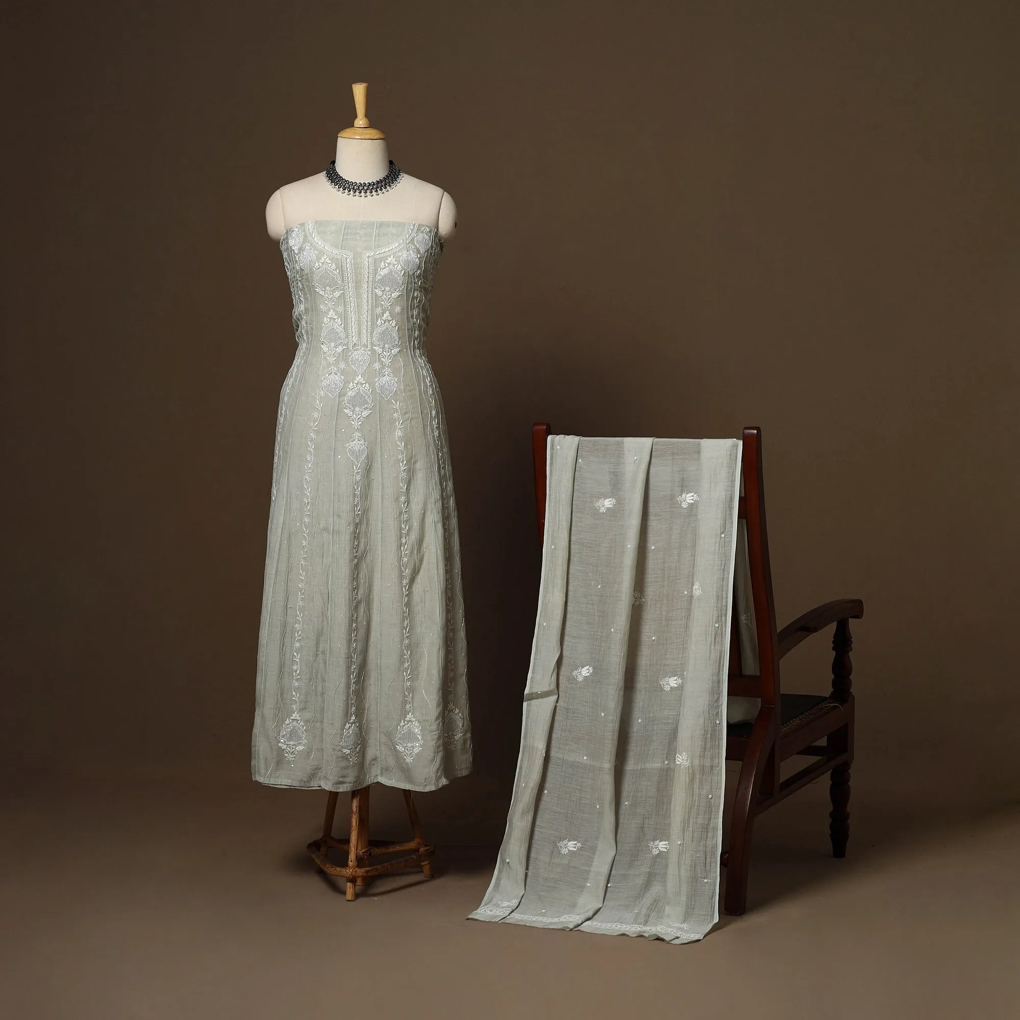 Green - 2pc Mul Chanderi Semi Stitched Hand Beads Work Anarkali Heavy Chikankari Kurta Set 05 sold by Itokri