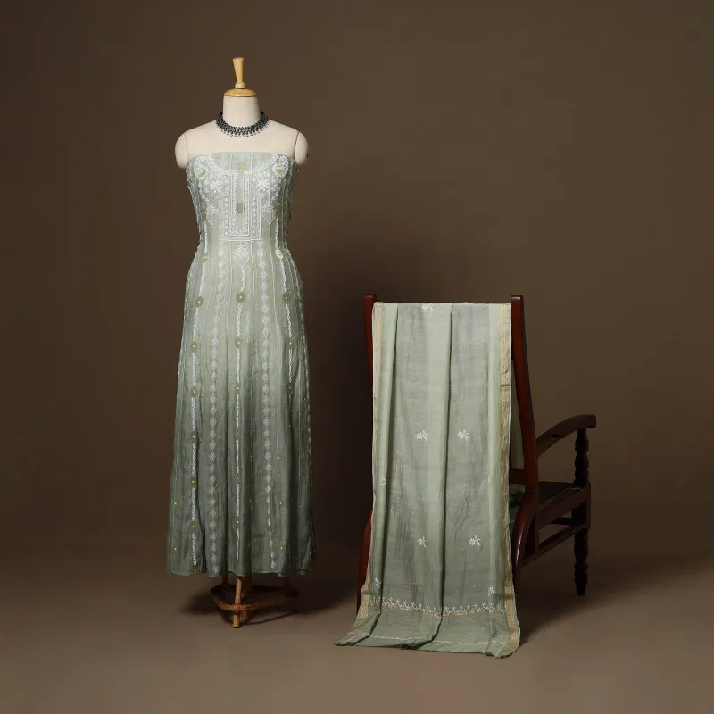 Green - 2pc Mul Chanderi Semi Stitched Hand Beads Work Anarkali Heavy Chikankari Kurta Set 04 sold by Itokri