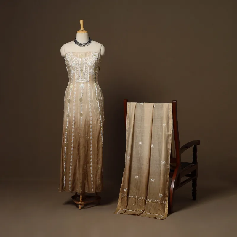 Brown - 2pc Mul Chanderi Semi Stitched Hand Beads Work Anarkali Heavy Chikankari Kurta Set 03 sold by Itokri