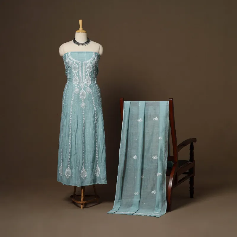 Blue - 2pc Mul Chanderi Semi Stitched Hand Beads Work Anarkali Heavy Chikankari Kurta Set 02 sold by Itokri