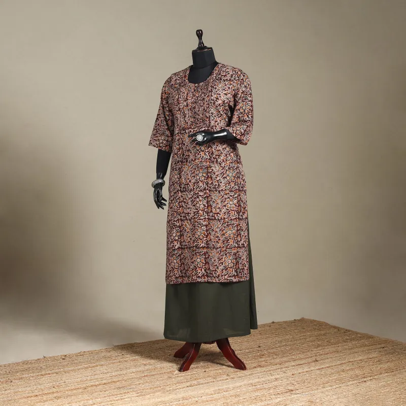 Brown - Pedana Block Print Natural Dyed Cotton Straight Pintuck Kalamkari Kurta 14 sold by Itokri