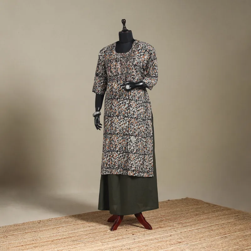 Black - Pedana Block Print Natural Dyed Cotton Straight Pintuck Kalamkari Kurta 10 sold by Itokri