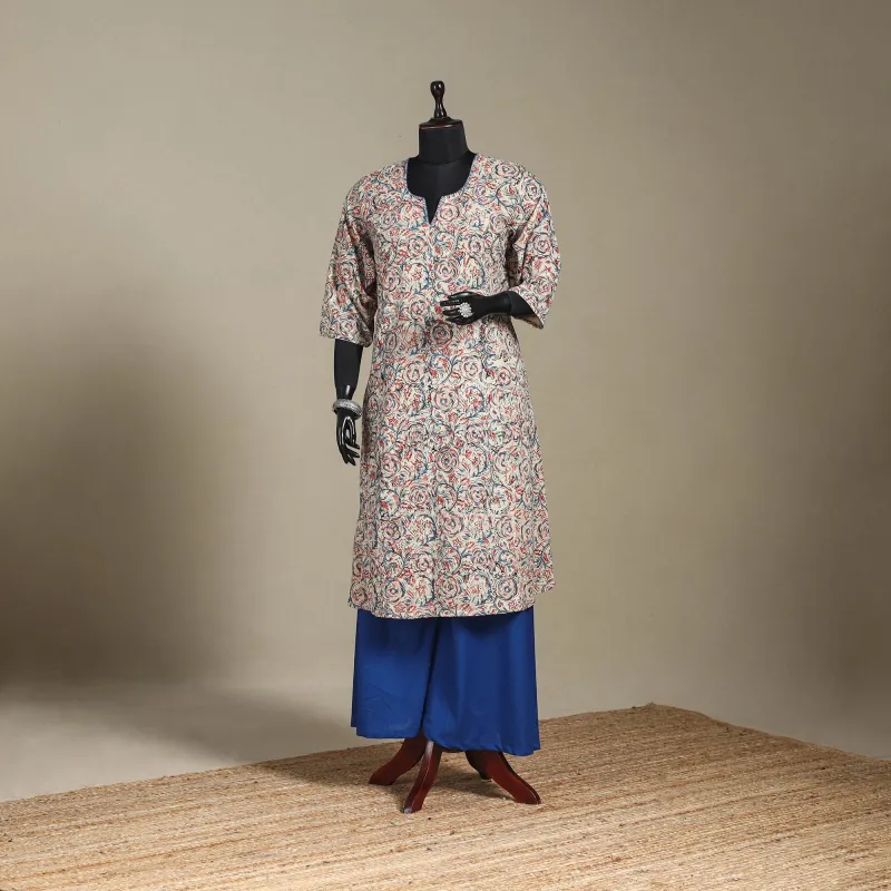 Beige - Pedana Block Print Natural Dyed Cotton A-Line Hand Embroidery Kalamkari Kurta 09 sold by Itokri