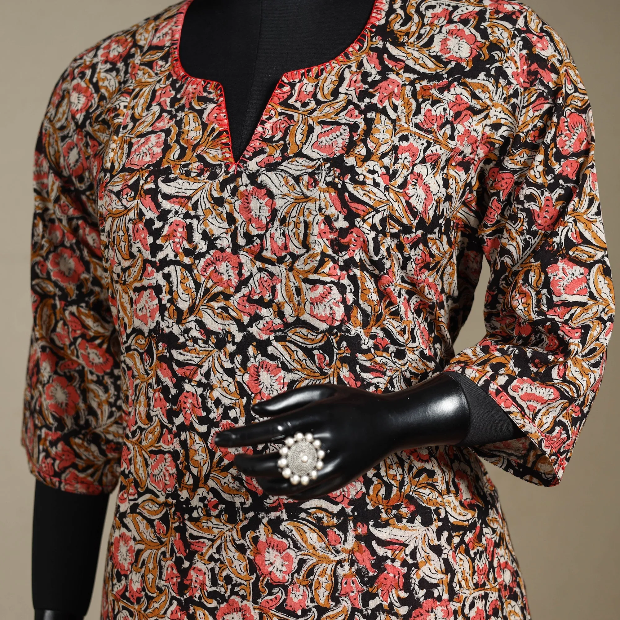 Multicolor - Pedana Block Print Natural Dyed Cotton A-Line Hand Embroidery Kalamkari Kurta 08 sold by Itokri product image thumbnail 3