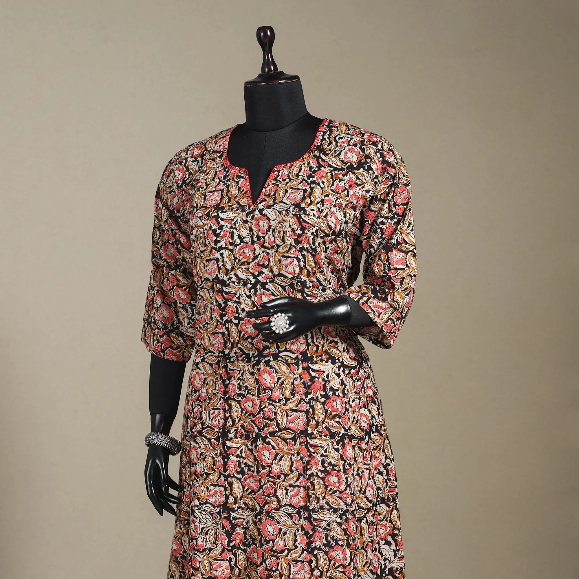 Multicolor - Pedana Block Print Natural Dyed Cotton A-Line Hand Embroidery Kalamkari Kurta 08 sold by Itokri product image thumbnail 2