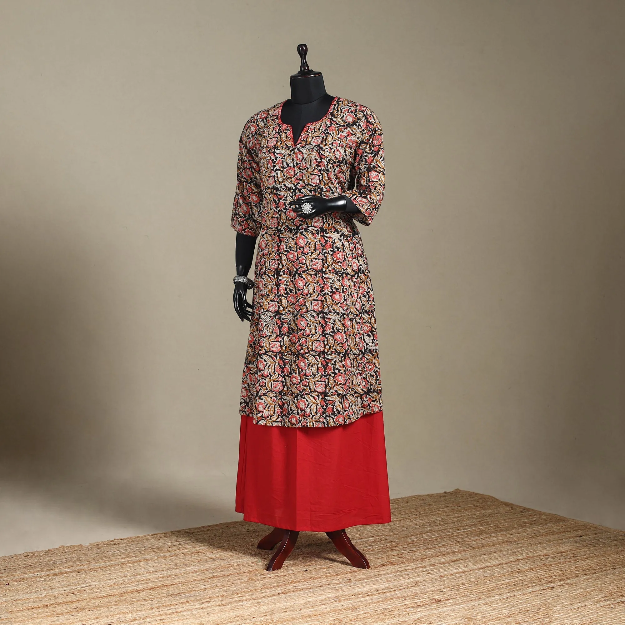 Multicolor - Pedana Block Print Natural Dyed Cotton A-Line Hand Embroidery Kalamkari Kurta 08 sold by Itokri