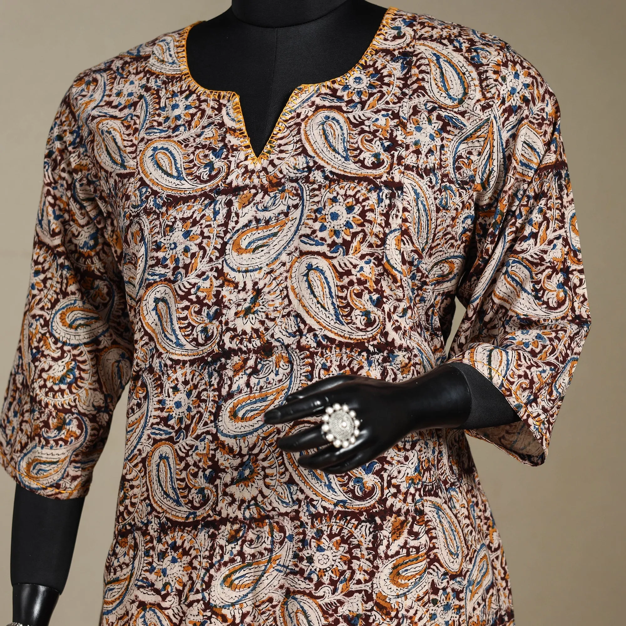 Brown - Pedana Block Print Natural Dyed Cotton A-Line Hand Embroidery Kalamkari Kurta 07 sold by Itokri product image thumbnail 3