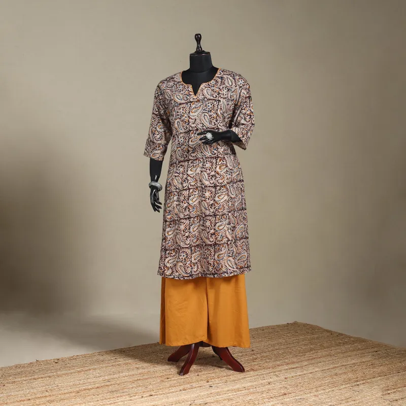 Brown - Pedana Block Print Natural Dyed Cotton A-Line Hand Embroidery Kalamkari Kurta 07 sold by Itokri