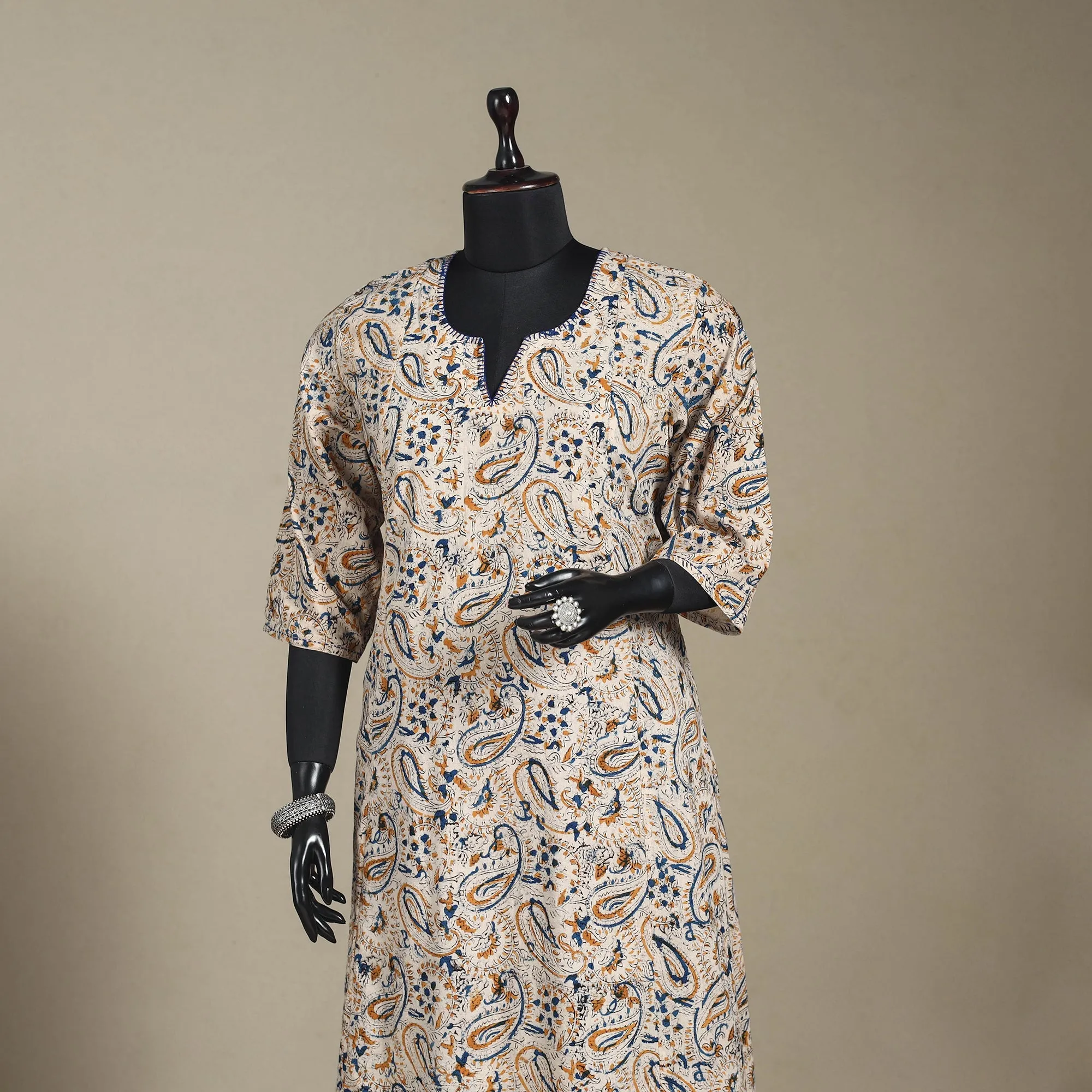 Beige - Pedana Block Print Natural Dyed Cotton A-Line Hand Embroidery Kalamkari Kurta 06 sold by Itokri product image thumbnail 2
