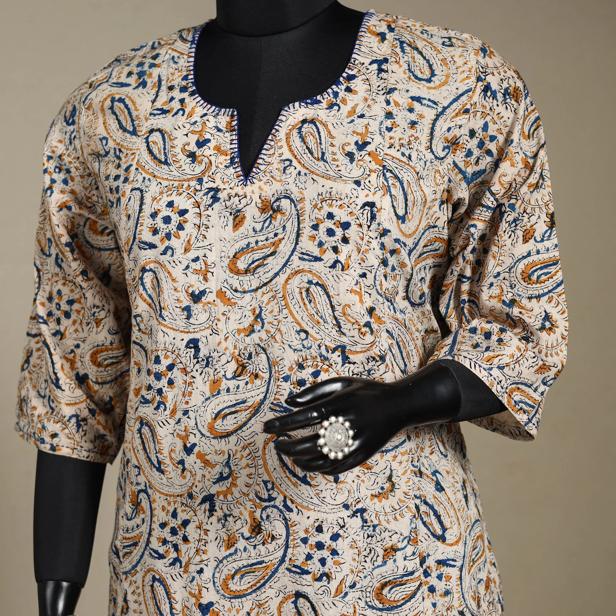 Beige - Pedana Block Print Natural Dyed Cotton A-Line Hand Embroidery Kalamkari Kurta 06 sold by Itokri product image thumbnail 3