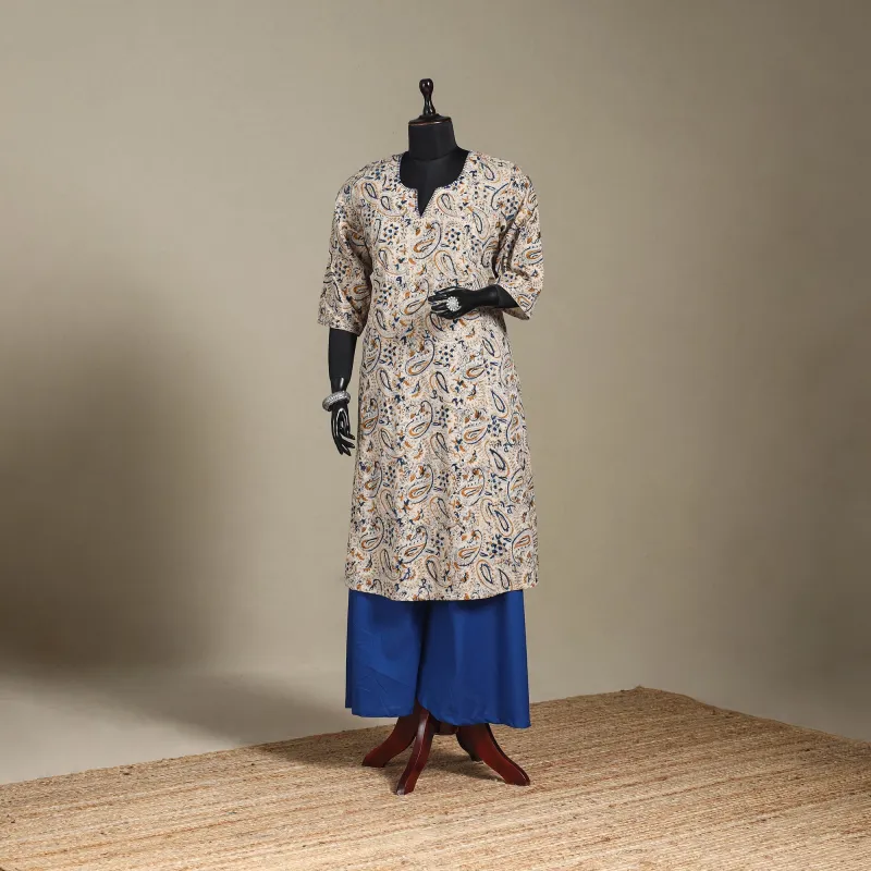 Beige - Pedana Block Print Natural Dyed Cotton A-Line Hand Embroidery Kalamkari Kurta 06 made by Itokri