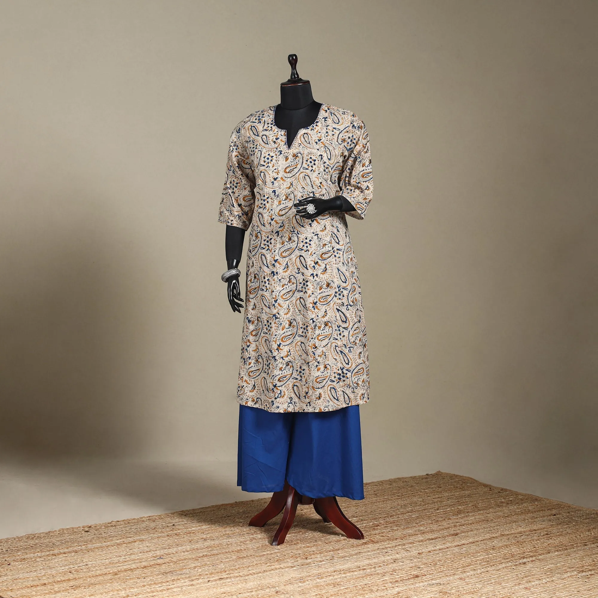 Beige - Pedana Block Print Natural Dyed Cotton A-Line Hand Embroidery Kalamkari Kurta 06 sold by Itokri