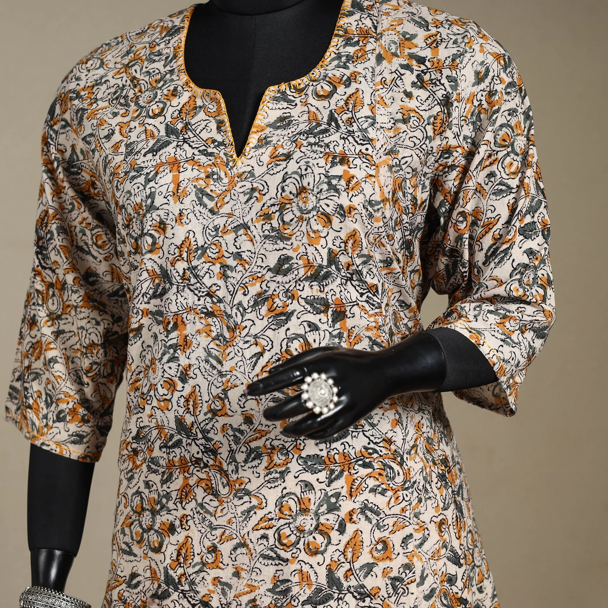 Beige - Pedana Block Print Natural Dyed Cotton A-Line Hand Embroidery Kalamkari Kurta 05 sold by Itokri product image thumbnail 3