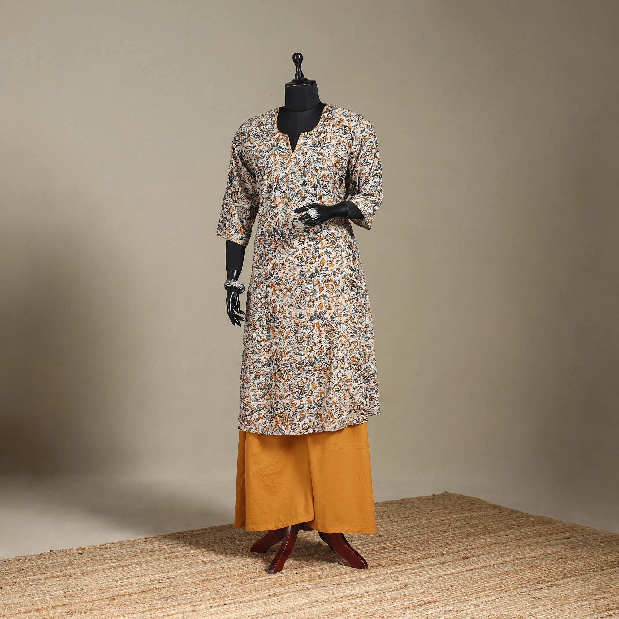 Beige - Pedana Block Print Natural Dyed Cotton A-Line Hand Embroidery Kalamkari Kurta 05 sold by Itokri