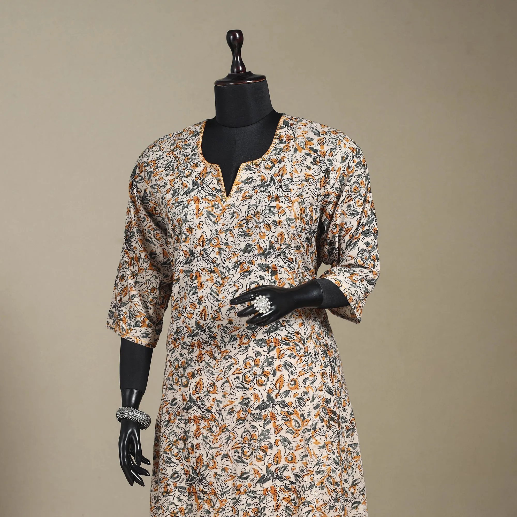 Beige - Pedana Block Print Natural Dyed Cotton A-Line Hand Embroidery Kalamkari Kurta 05 sold by Itokri product image thumbnail 2