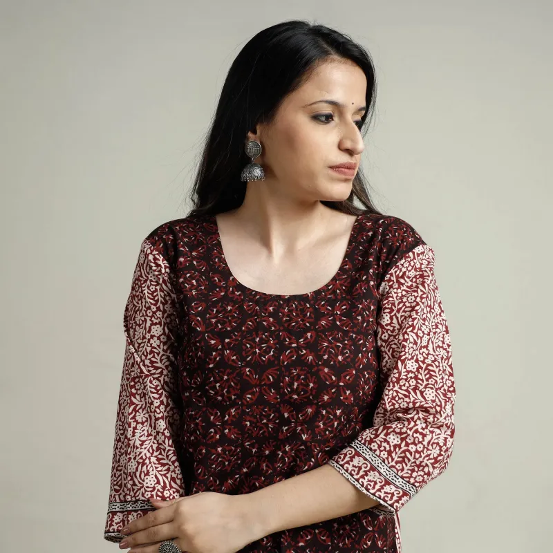 Brown - Block Print Cotton Straight Bagh Kurta made by Itokri
