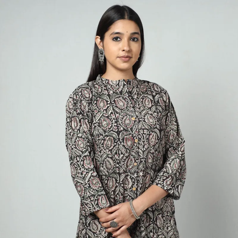 Black - Kalamkari Block Printed Cotton Long Straight Kurta sold by Itokri