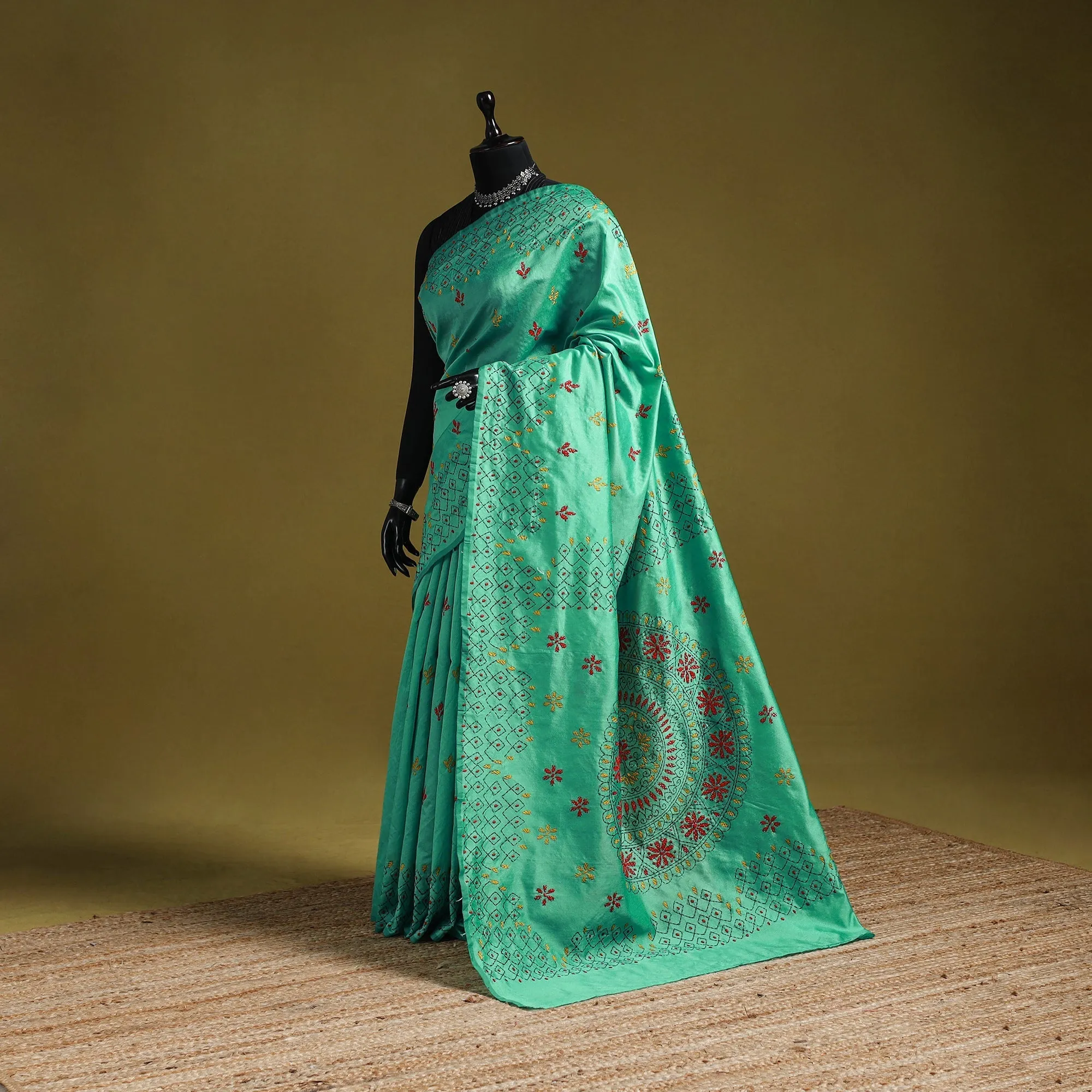 Green - Bengal Hand Embroidery Silk Nakshi Kantha Saree 20 sold by Itokri