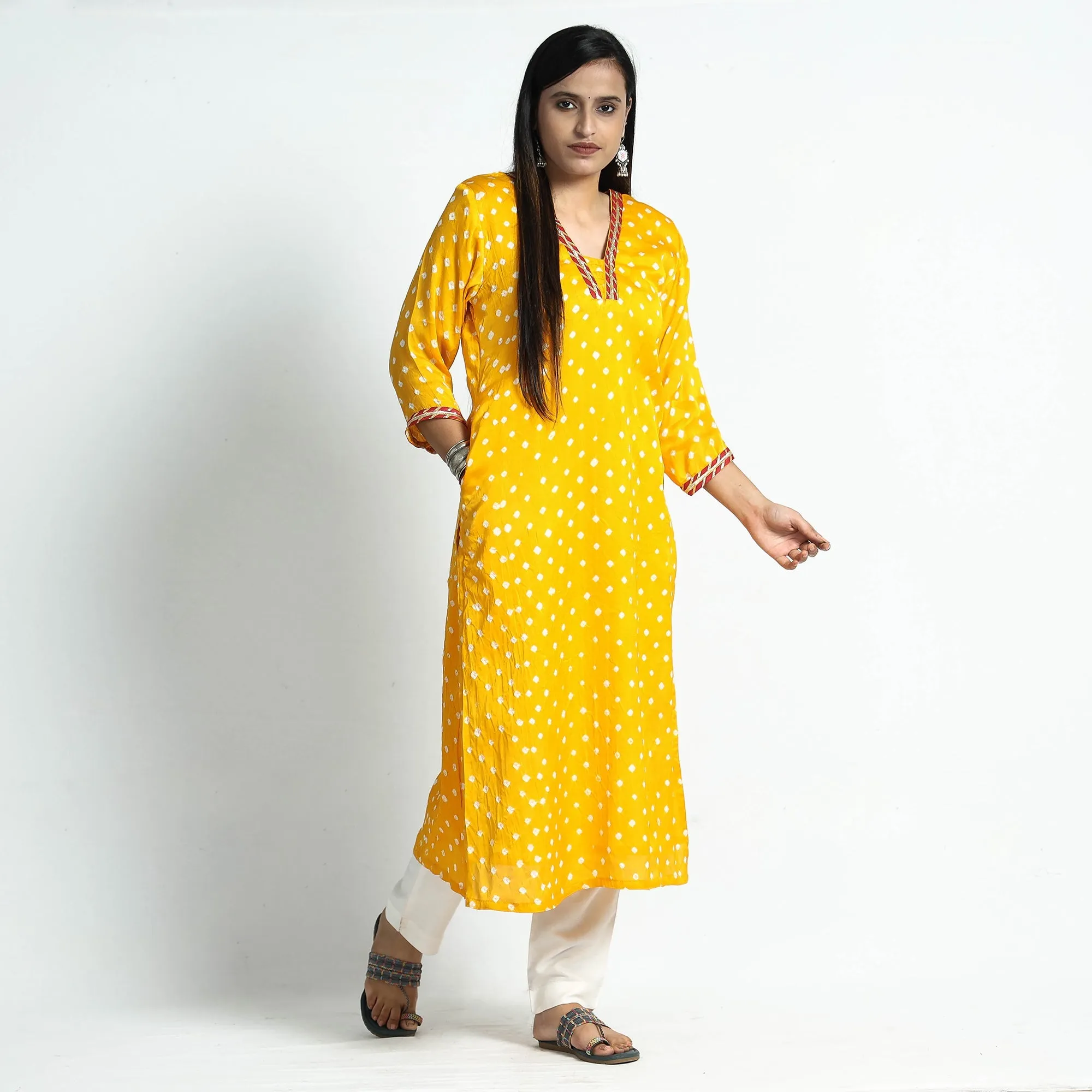 Yellow - Bandhani Tie-Dye Modal Silk Straight Kurta sold by Itokri product image thumbnail 3