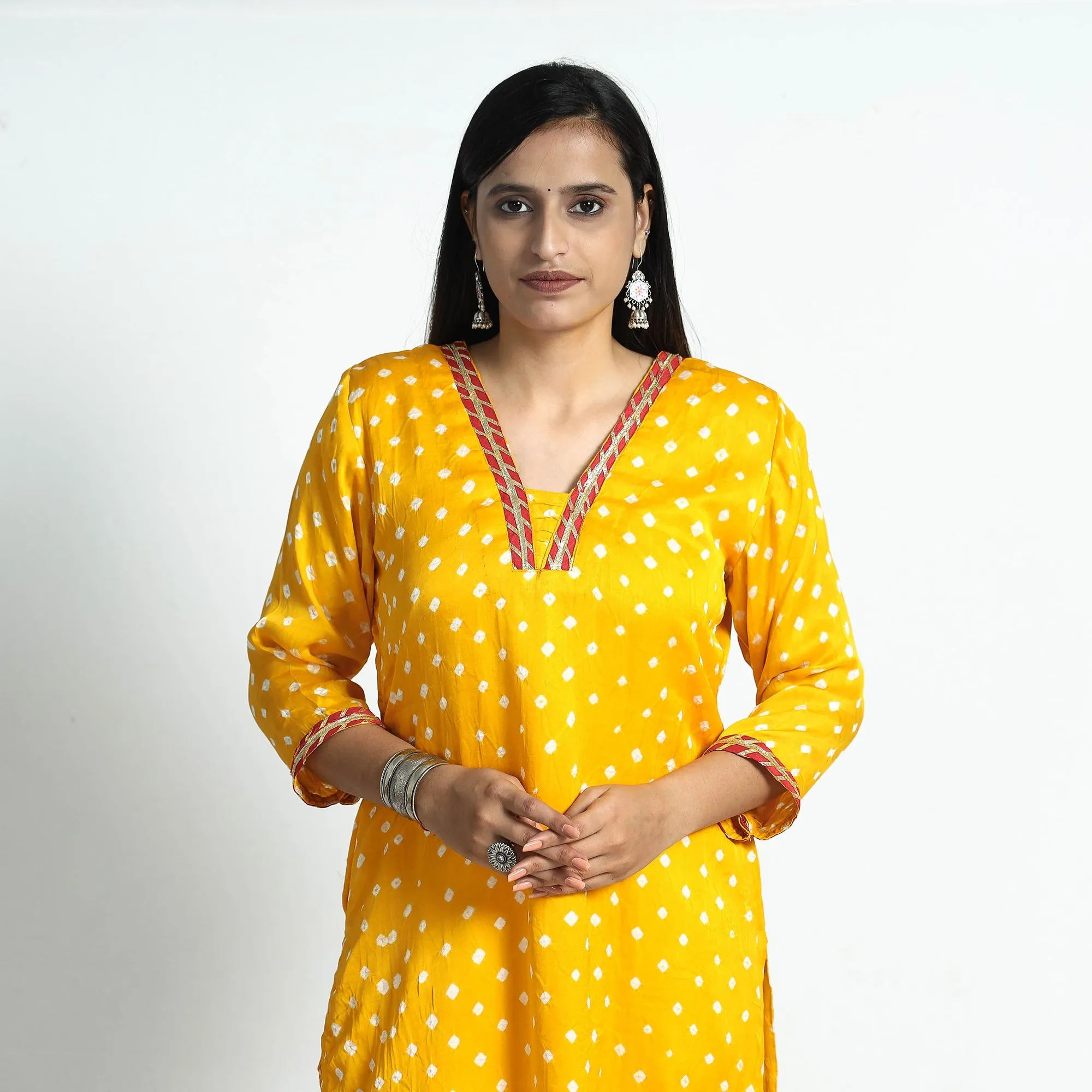 Yellow - Bandhani Tie-Dye Modal Silk Straight Kurta sold by Itokri