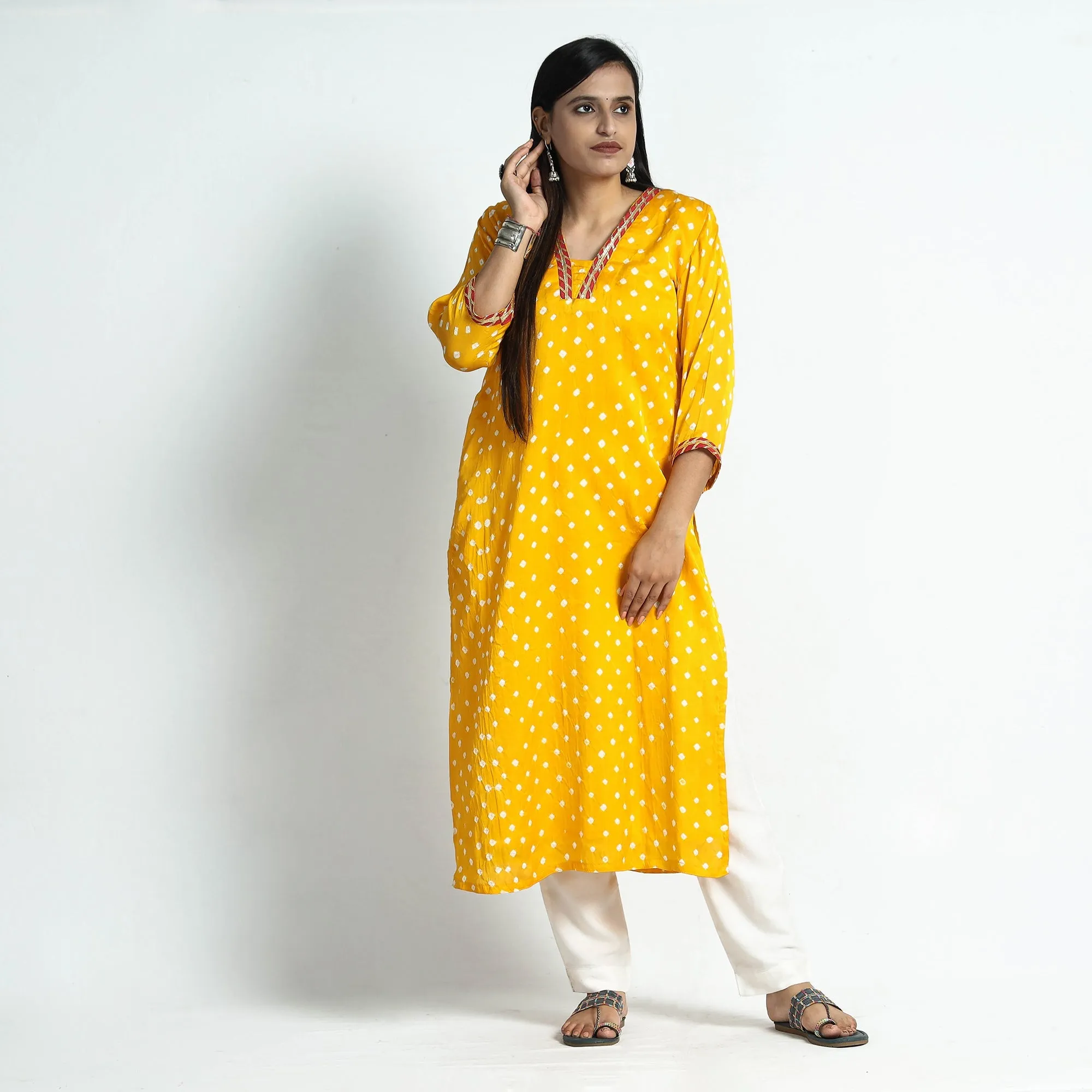 Yellow - Bandhani Tie-Dye Modal Silk Straight Kurta sold by Itokri product image thumbnail 4