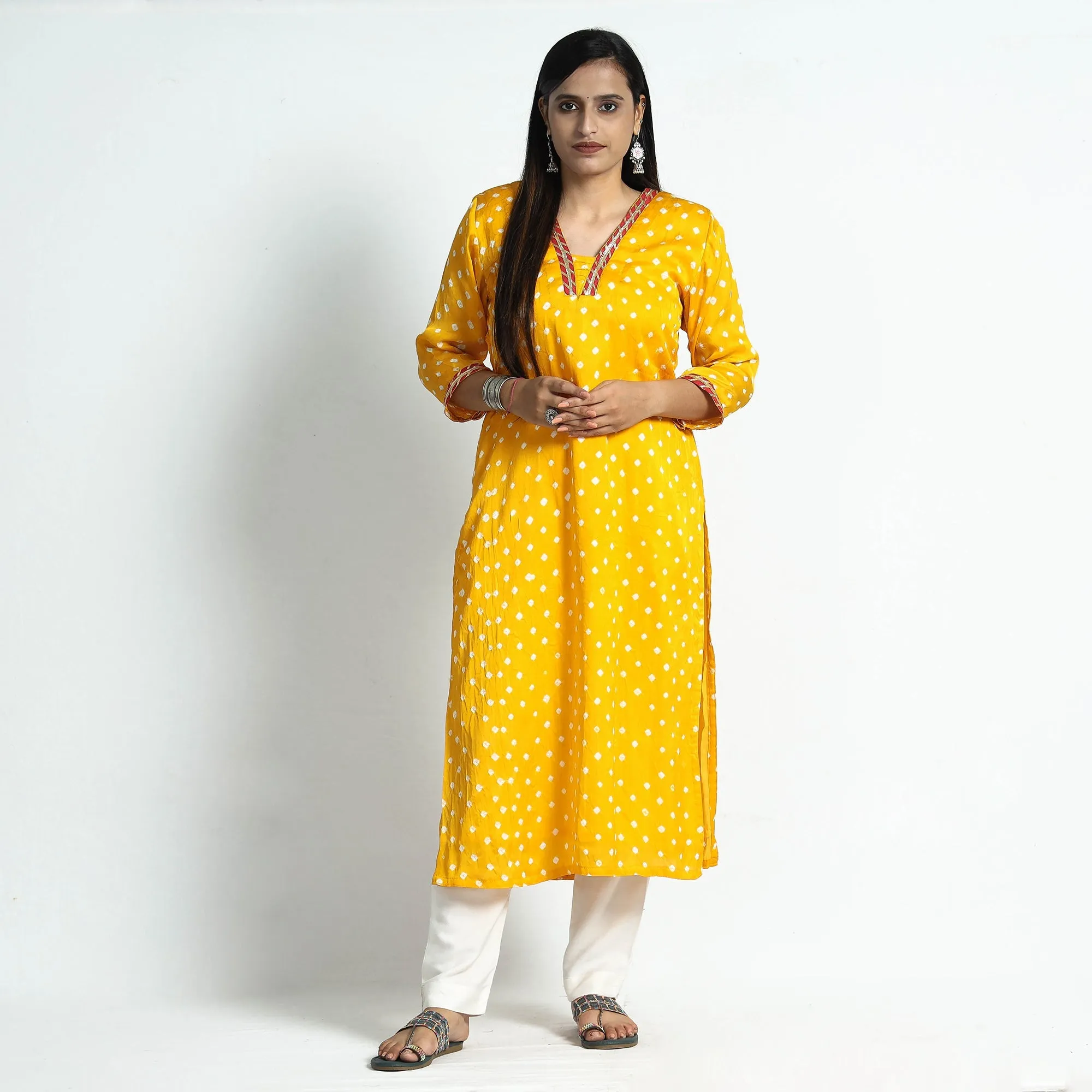 Yellow - Bandhani Tie-Dye Modal Silk Straight Kurta sold by Itokri product image thumbnail 2