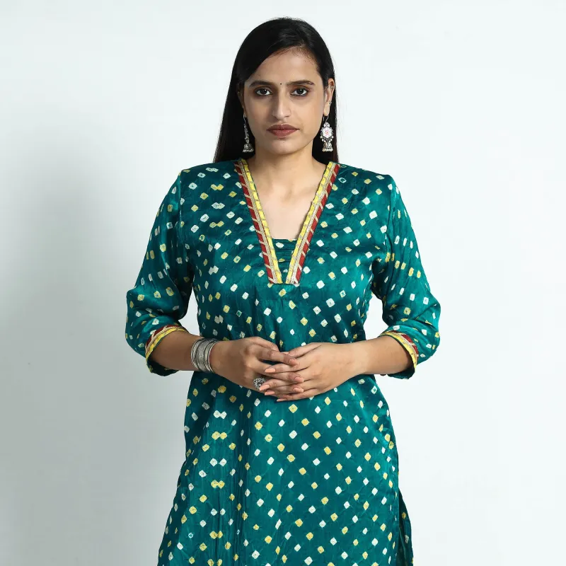 Dark Green - Bandhani Tie-Dye Modal Silk Straight Kurta sold by Itokri