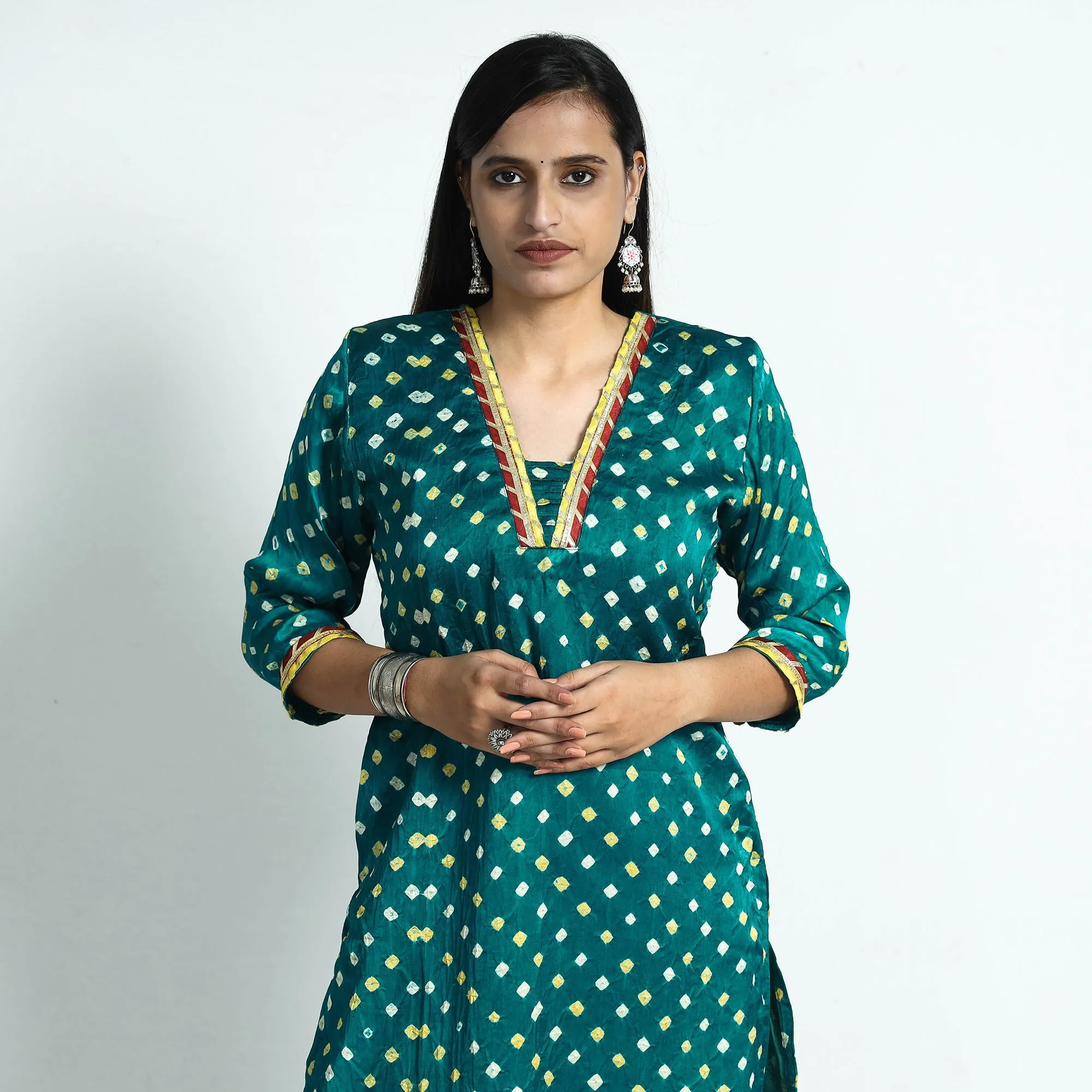 Dark Green - Bandhani Tie-Dye Modal Silk Straight Kurta sold by Itokri