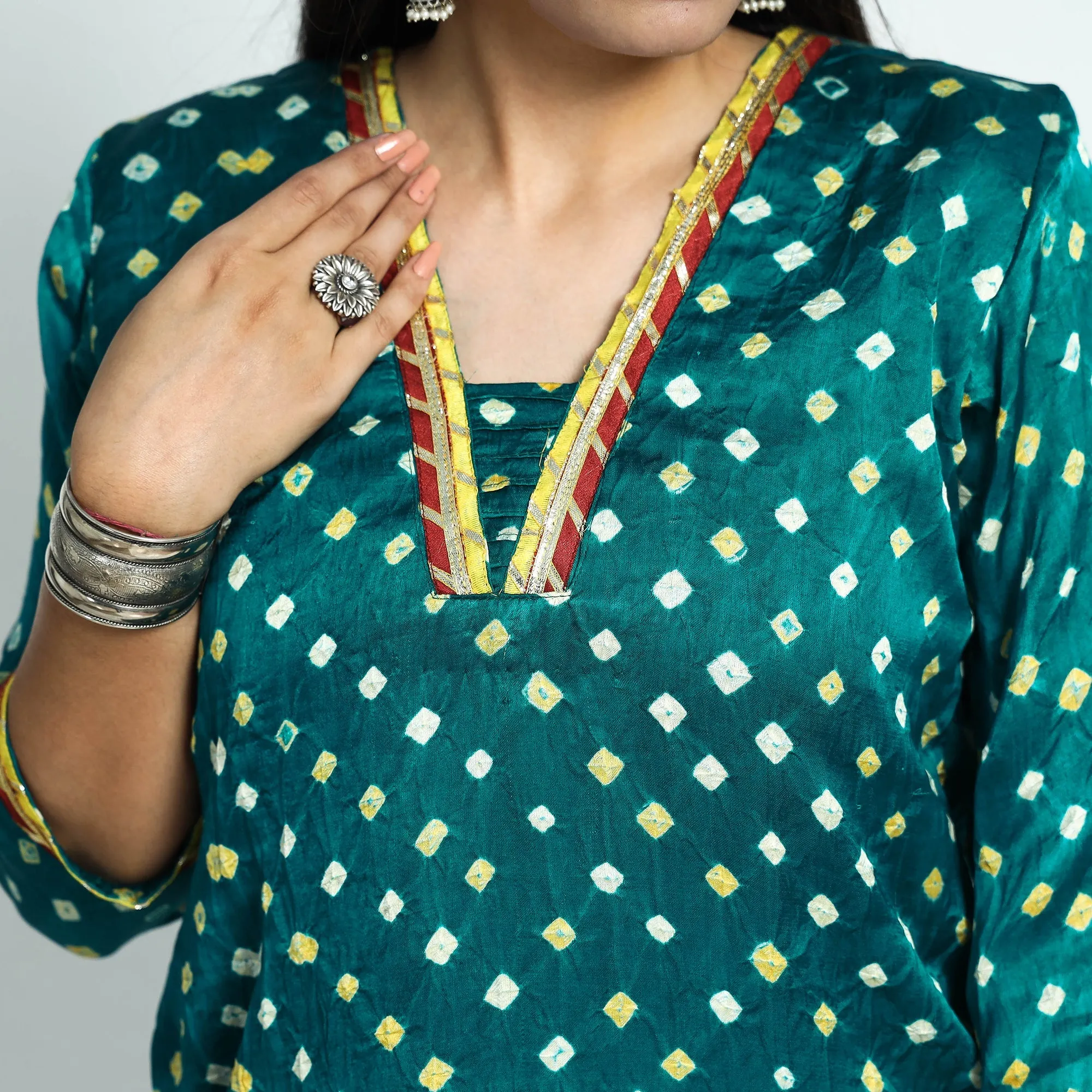 Dark Green - Bandhani Tie-Dye Modal Silk Straight Kurta sold by Itokri product image thumbnail 4