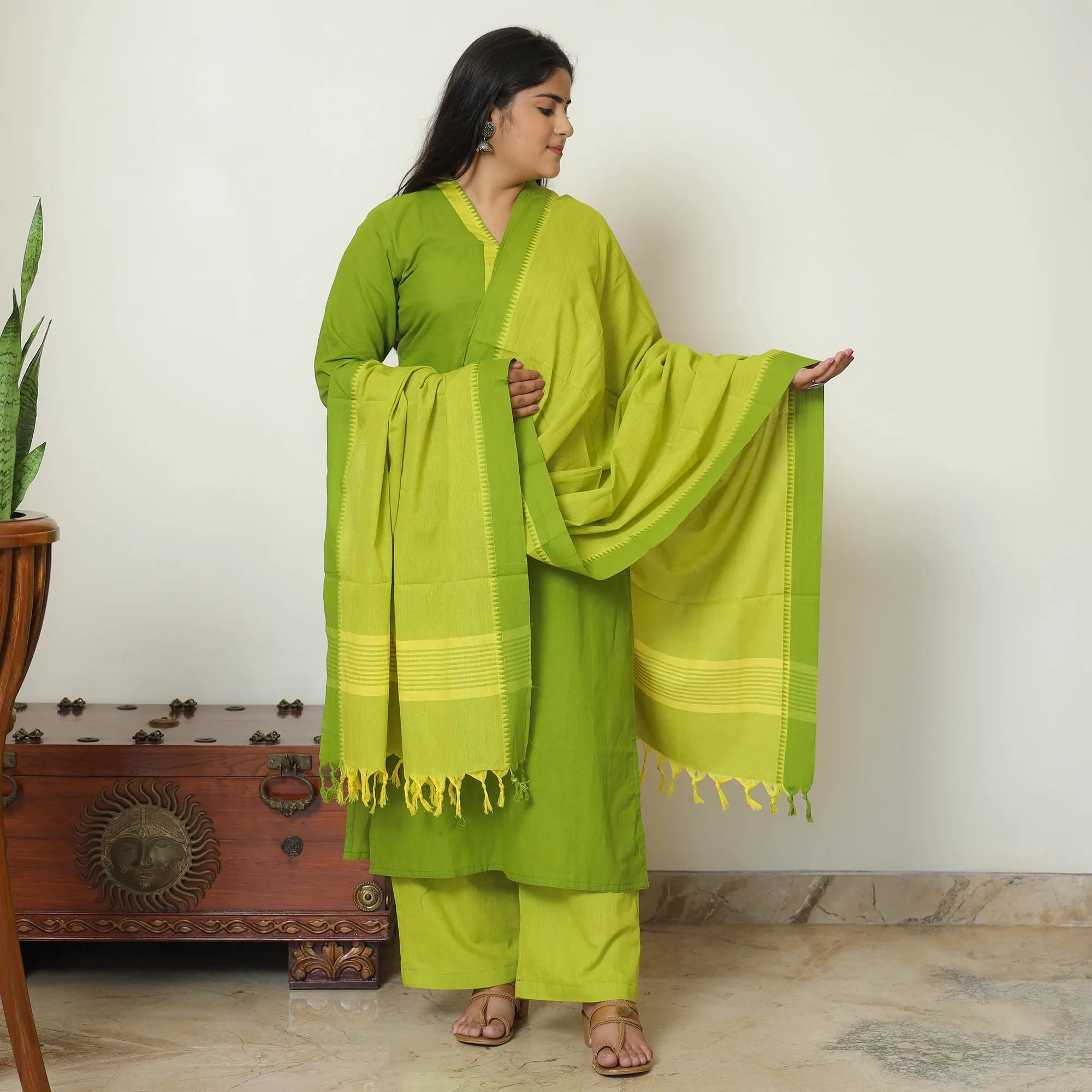 Green - Dharwad Cotton Kurta with Palazzo & Dupatta Set 02 sold by Itokri