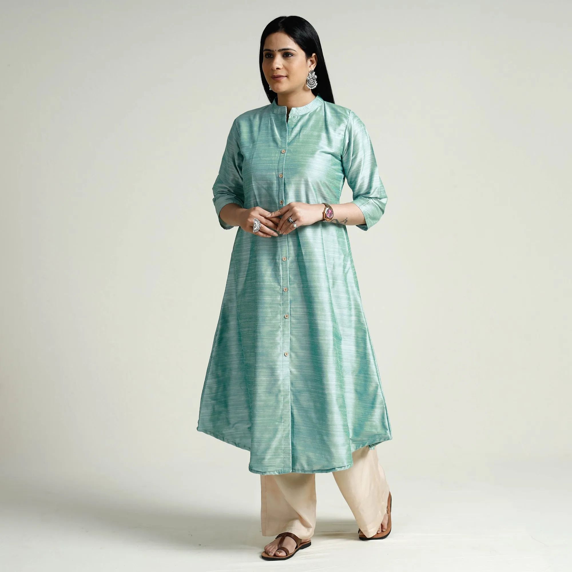 Mint Green - Plain Silk A-Line Long Kurta sold by Itokri product image thumbnail 3