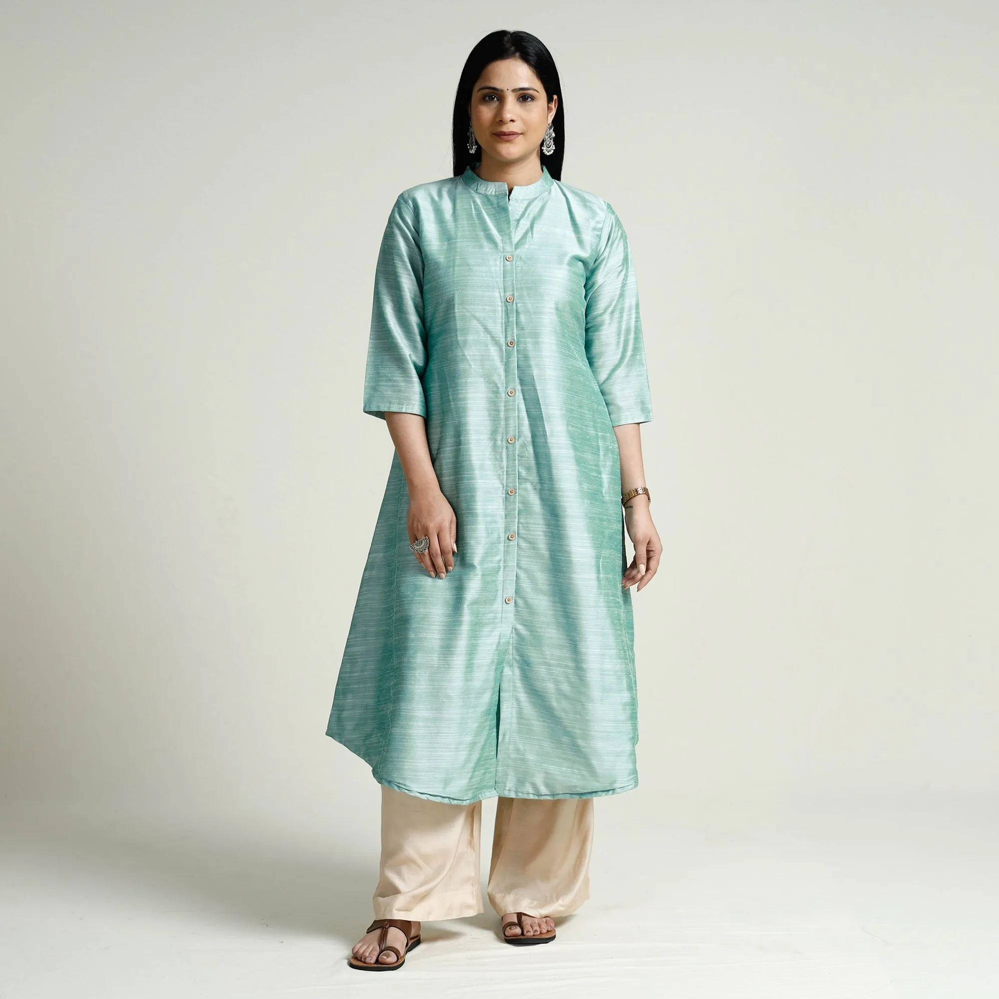 Mint Green - Plain Silk A-Line Long Kurta sold by Itokri product image thumbnail 2