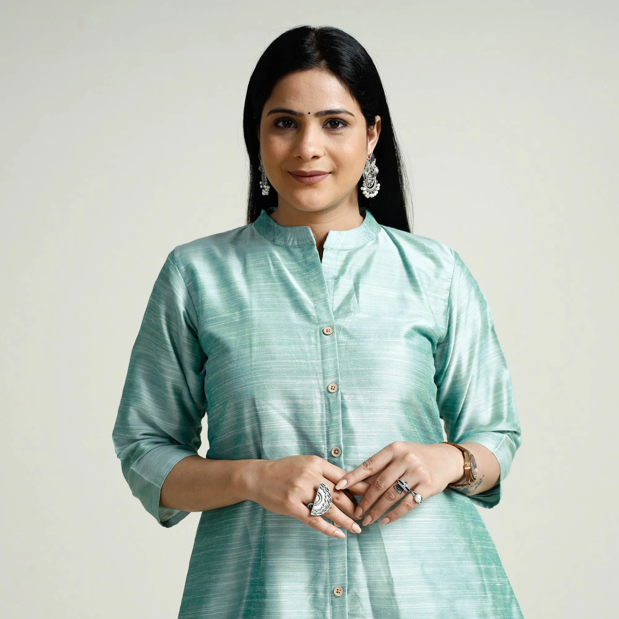 Mint Green - Plain Silk A-Line Long Kurta sold by Itokri