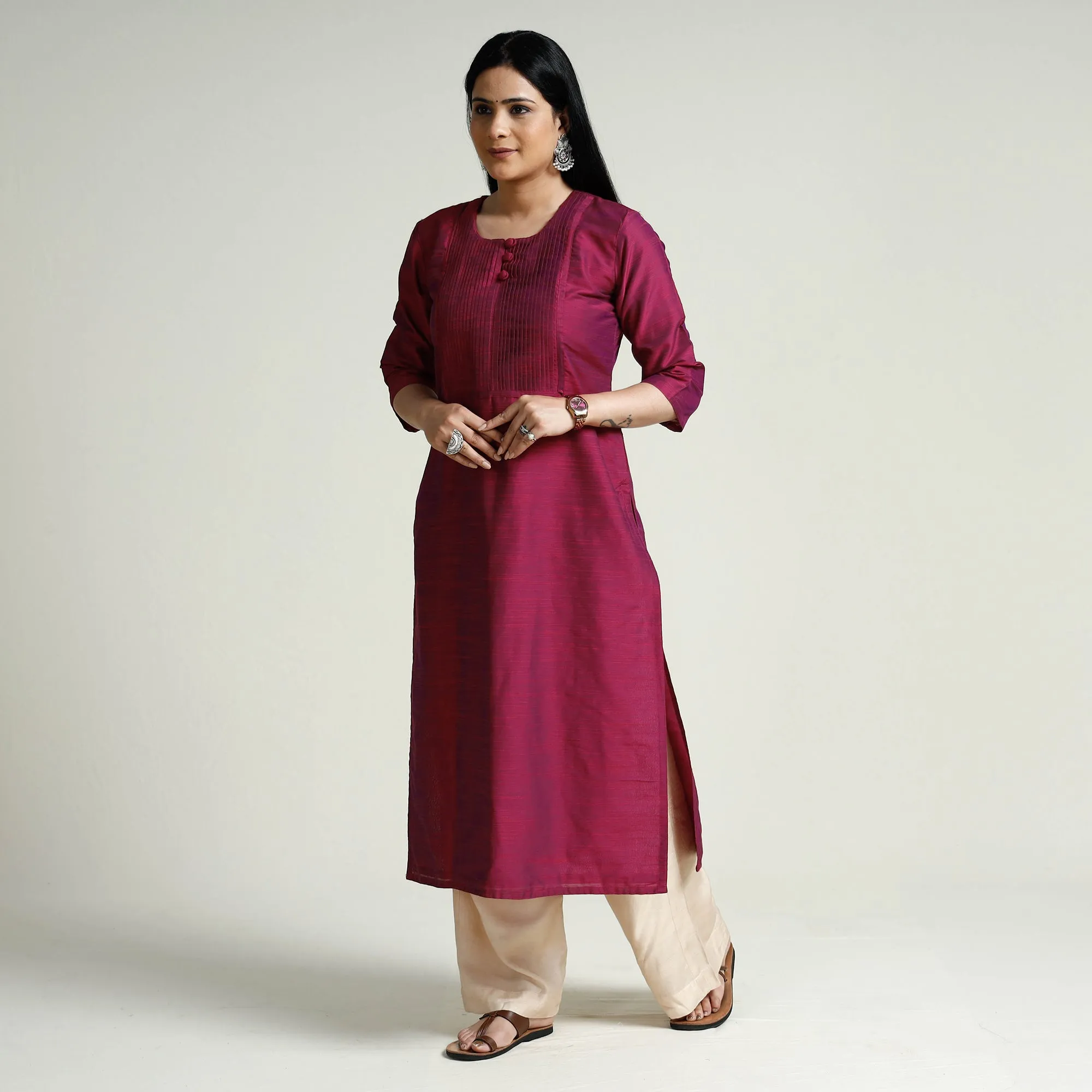 Dark Pink - Plain Silk Pintuck Long Kurta sold by Itokri product image thumbnail 2