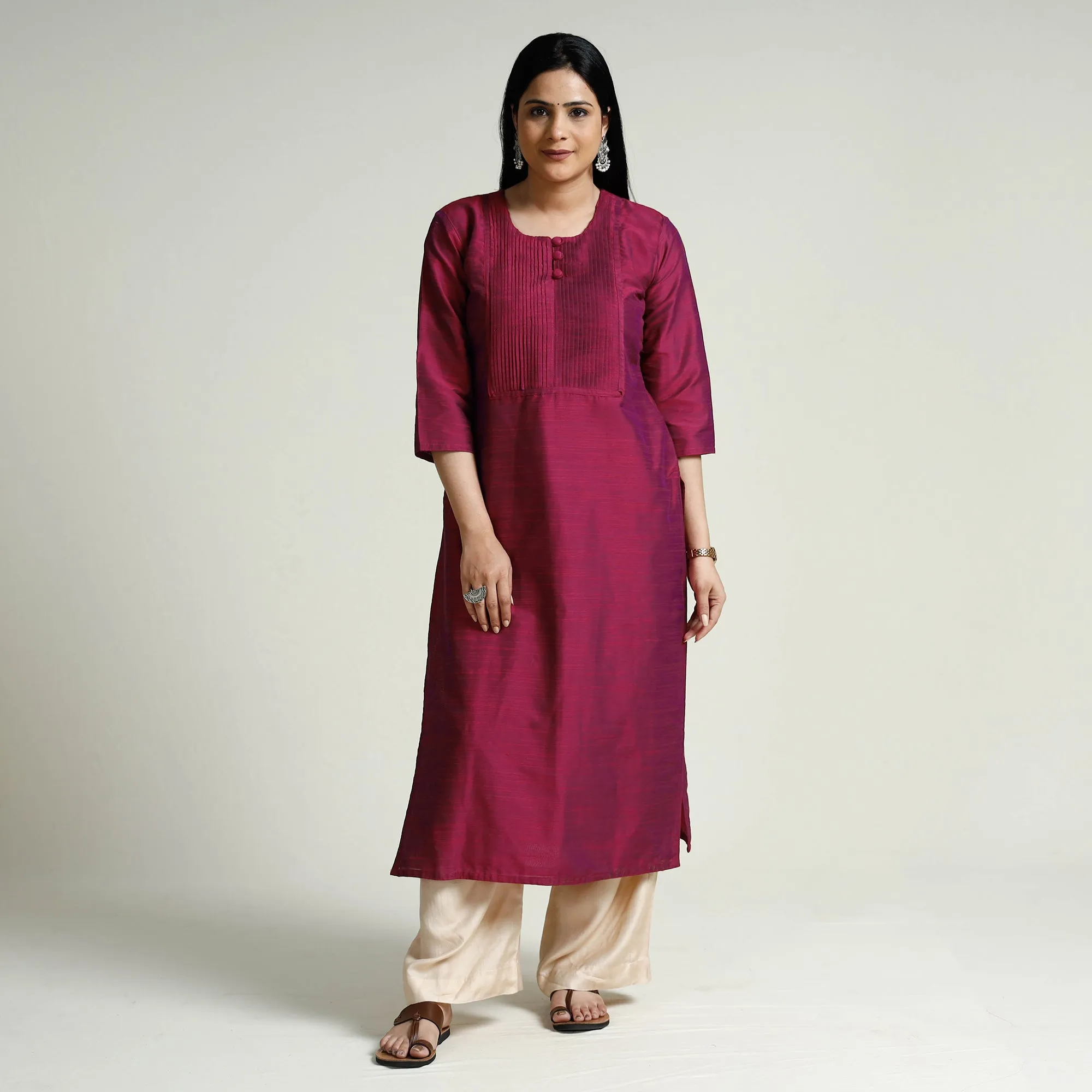 Dark Pink - Plain Silk Pintuck Long Kurta sold by Itokri