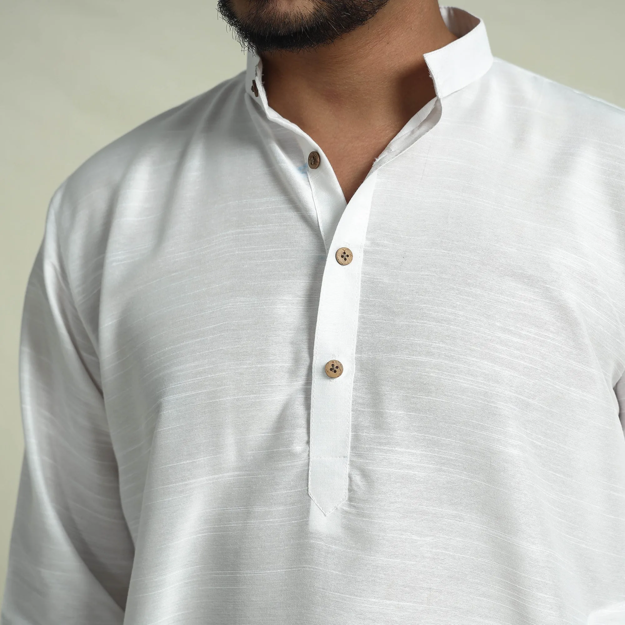 White - Plain Dyed Slub Silk Men Long Kurta sold by Itokri product image thumbnail 5