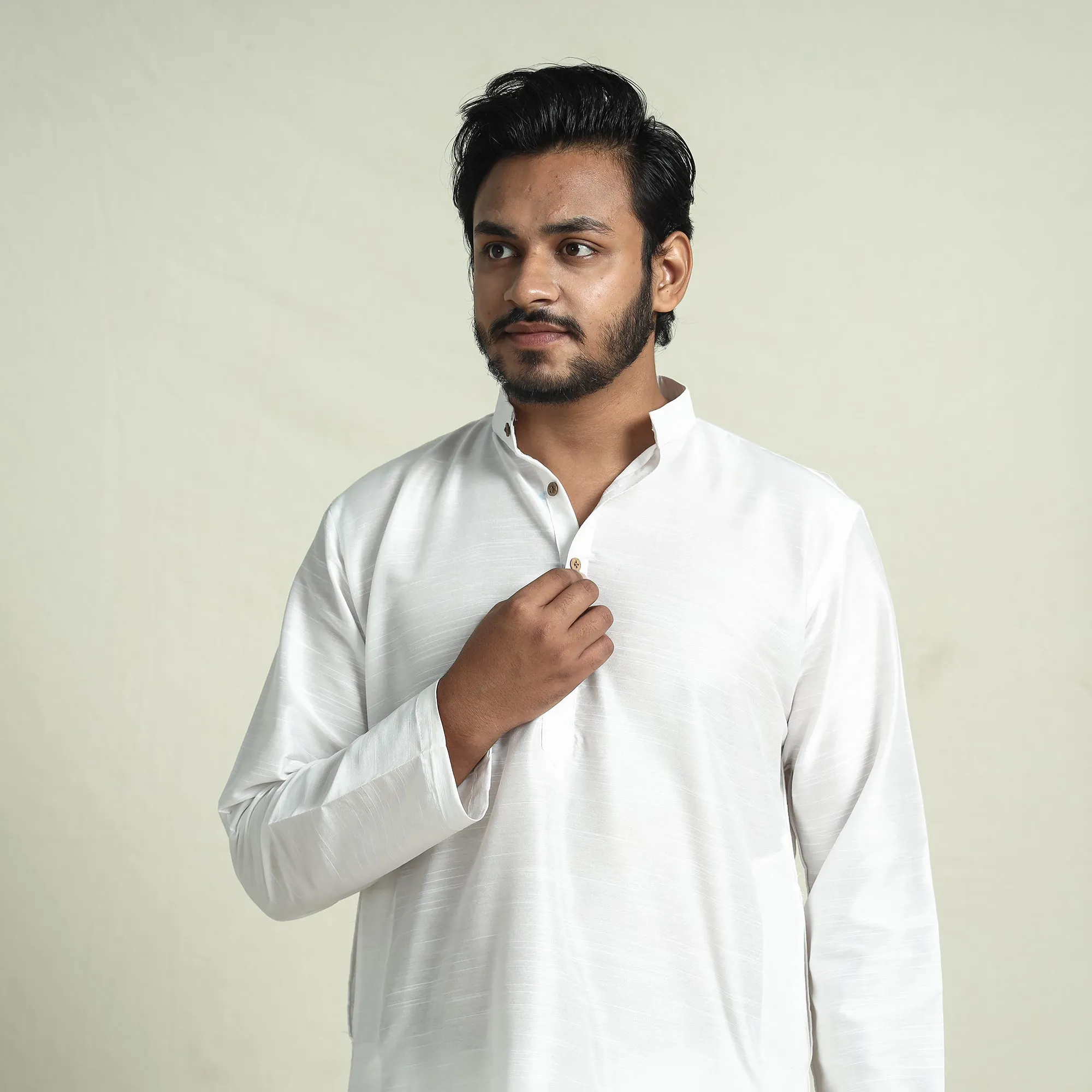 White - Plain Dyed Slub Silk Men Long Kurta sold by Itokri product image thumbnail 3