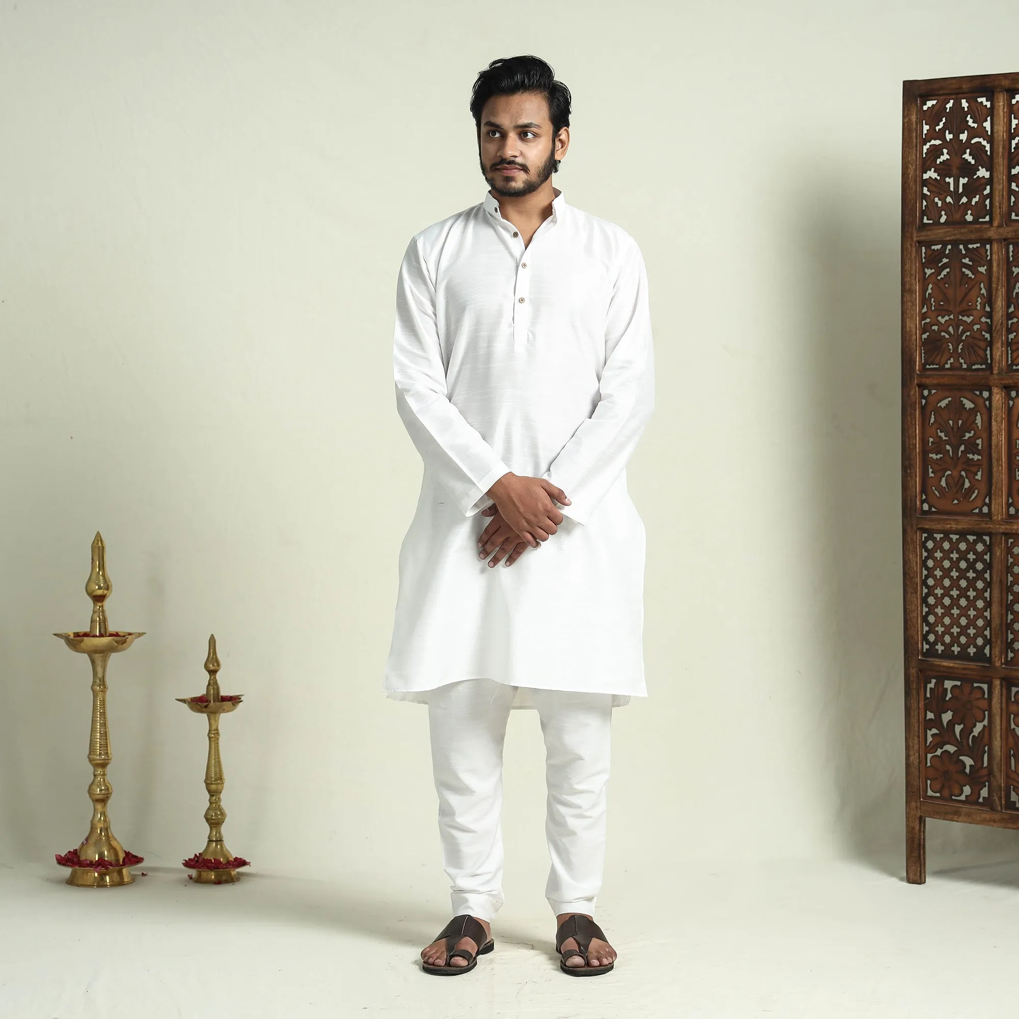 White - Plain Dyed Slub Silk Men Long Kurta sold by Itokri