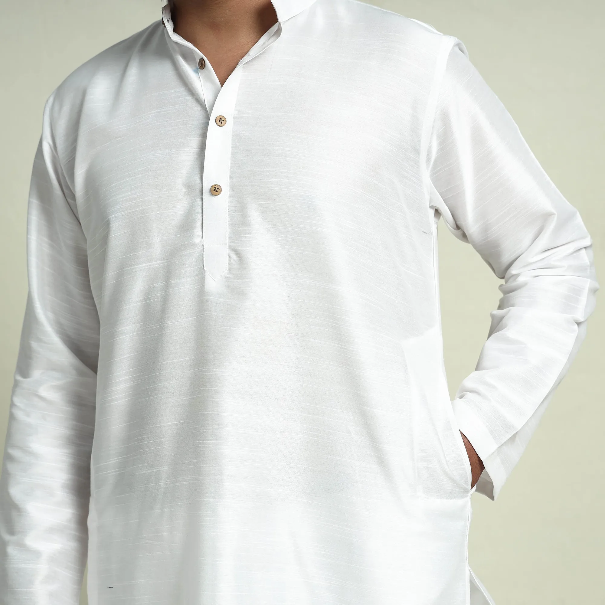 White - Plain Dyed Slub Silk Men Long Kurta sold by Itokri product image thumbnail 4