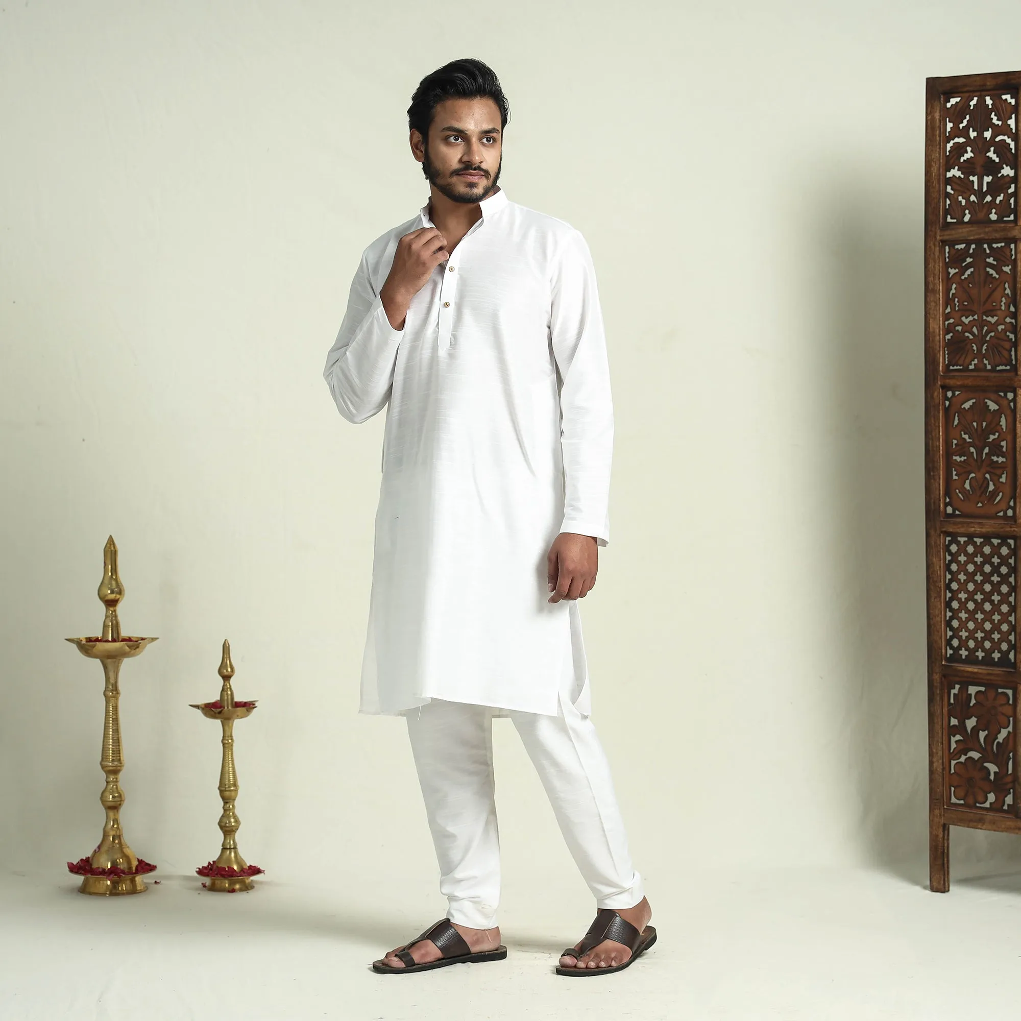 White - Plain Dyed Slub Silk Men Long Kurta sold by Itokri product image thumbnail 2