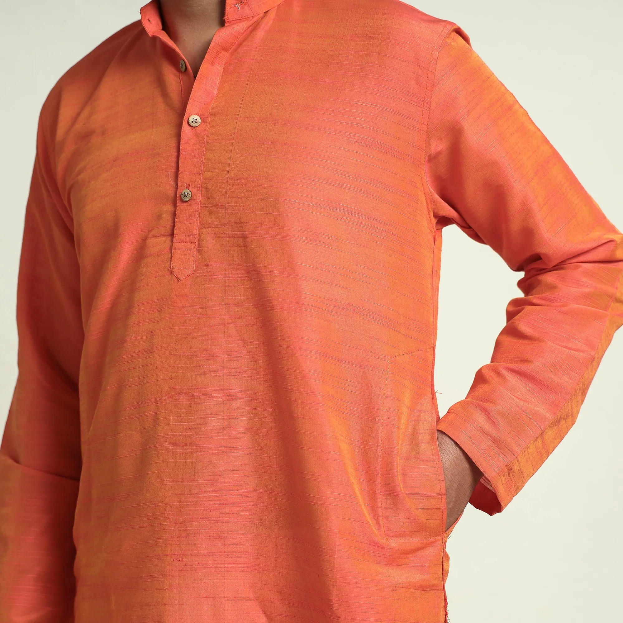 Orange - Plain Dyed Slub Silk Men Long Kurta sold by Itokri product image thumbnail 4