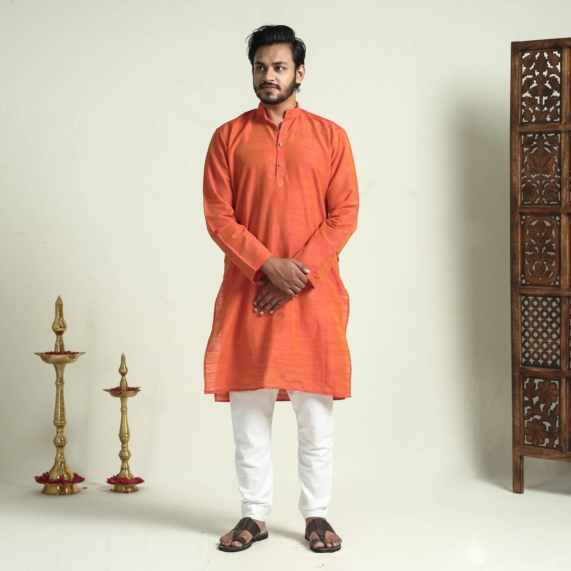 Orange - Plain Dyed Slub Silk Men Long Kurta sold by Itokri