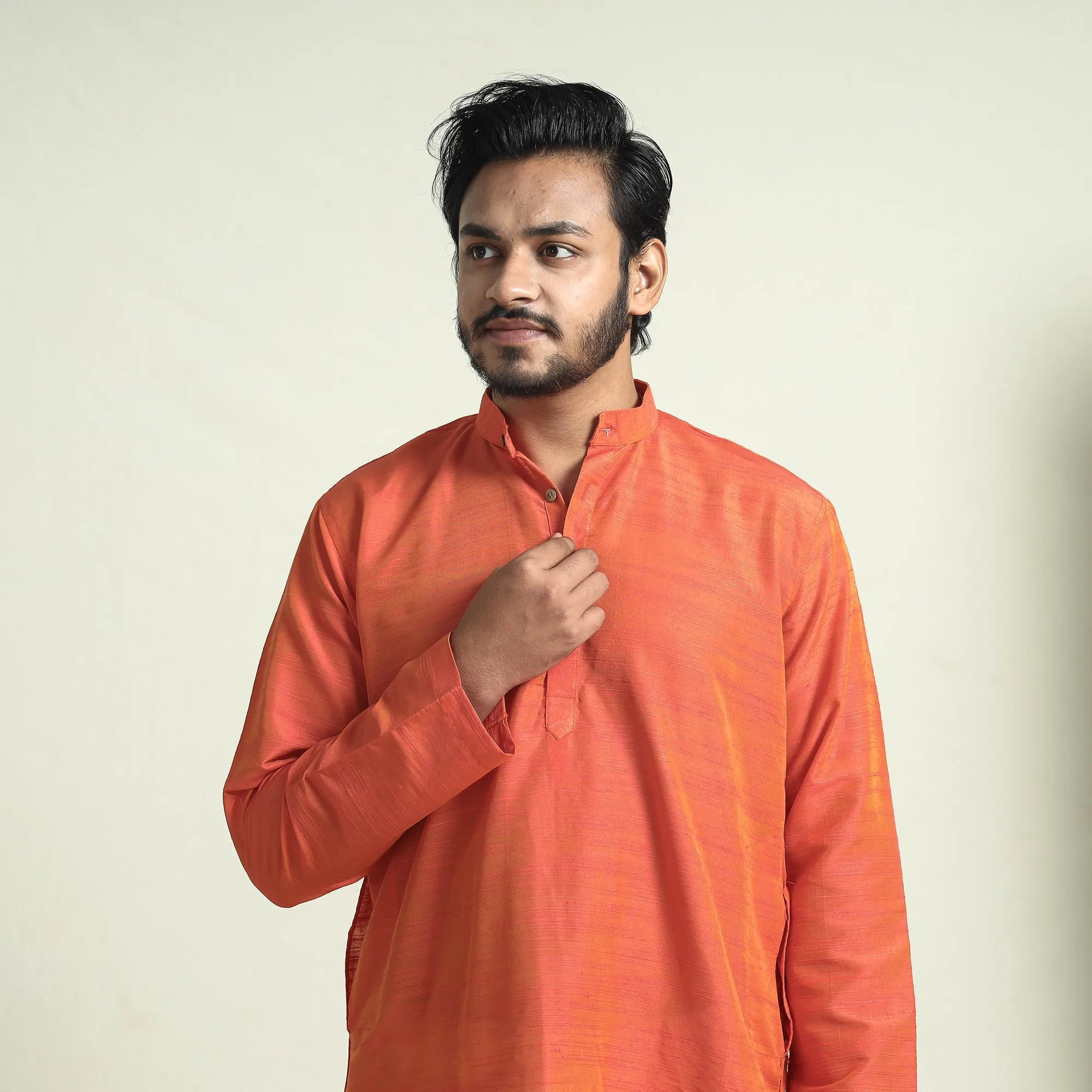 Orange - Plain Dyed Slub Silk Men Long Kurta sold by Itokri product image thumbnail 3